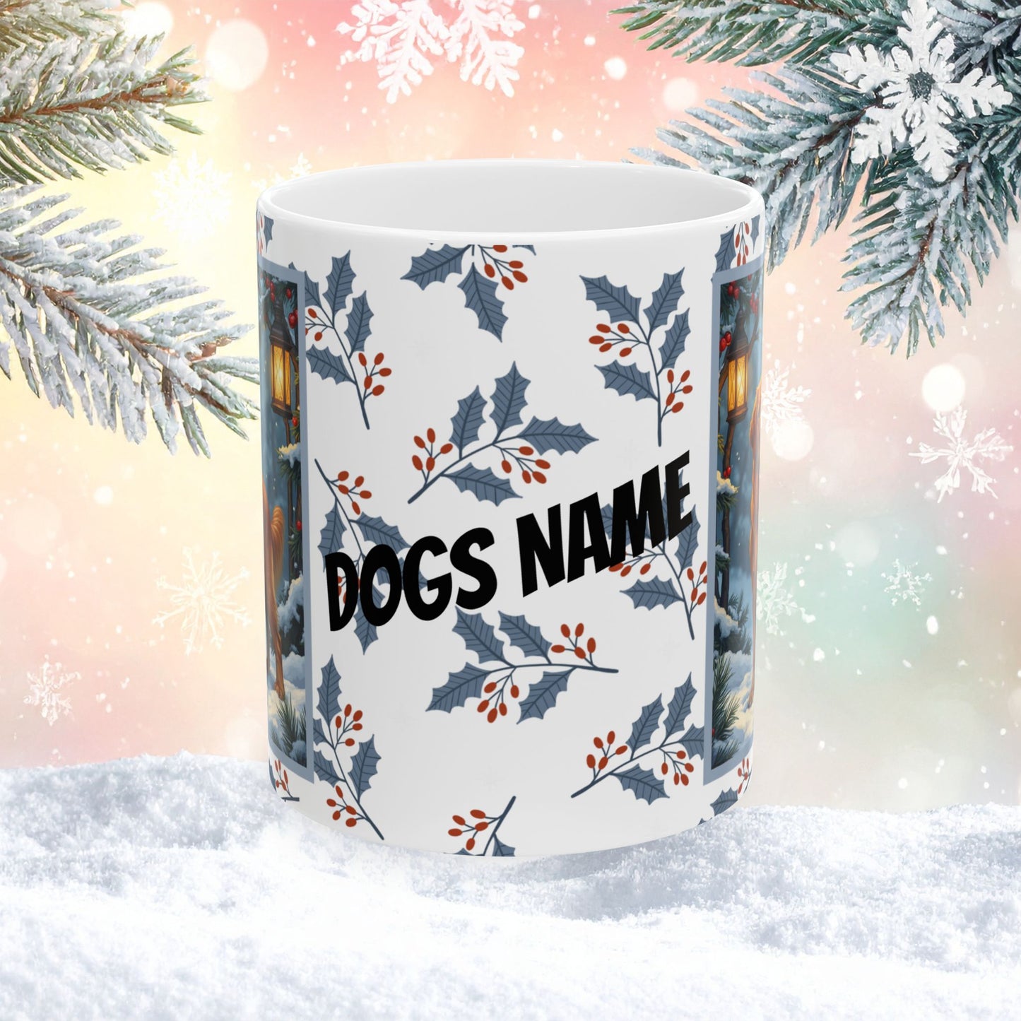 Golden Retriever (Dark Golden) Winter Mug - dark golden retriever illustrated standing in a festive winter setting