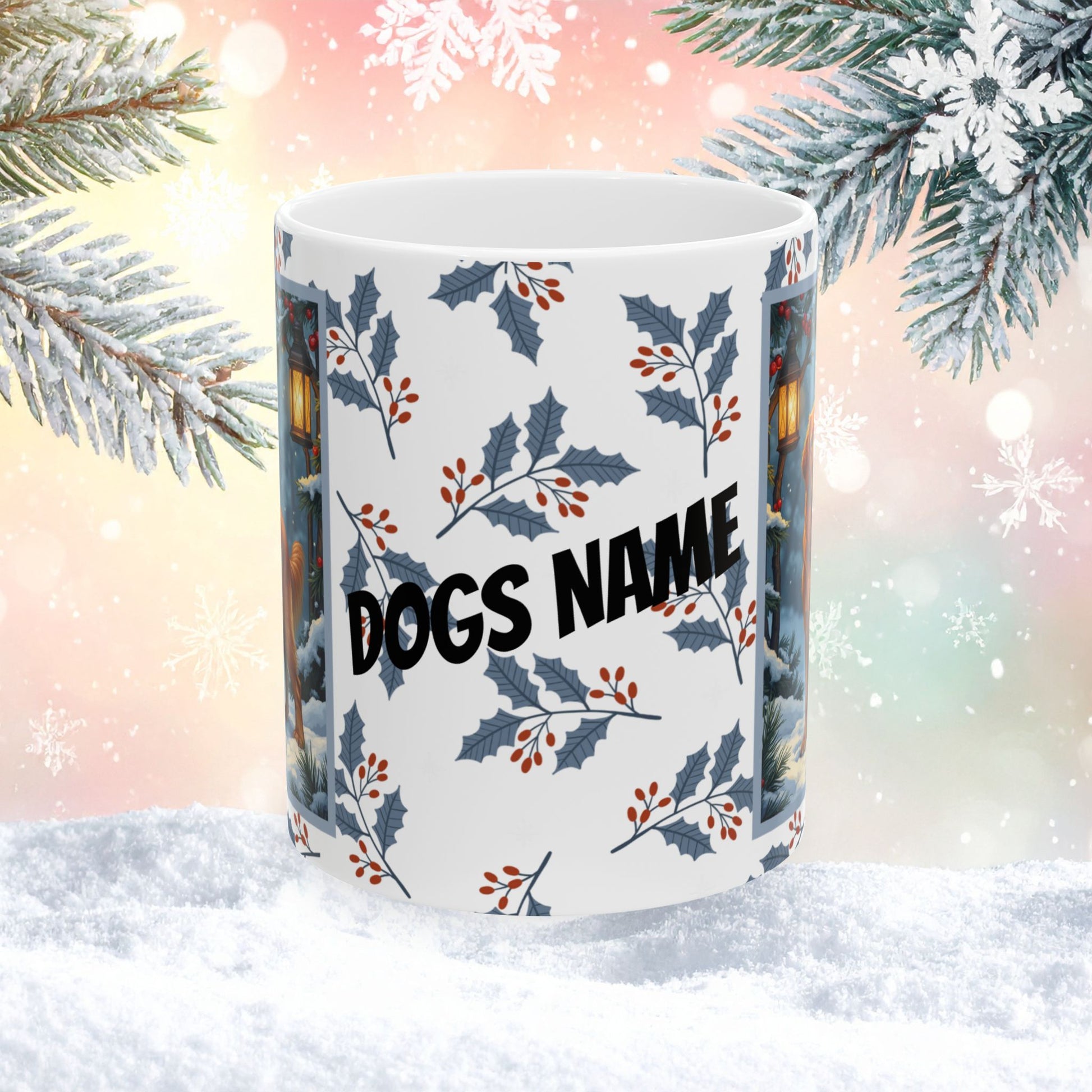 Golden Retriever (Dark Golden) Winter Mug - dark golden retriever illustrated standing in a festive winter setting