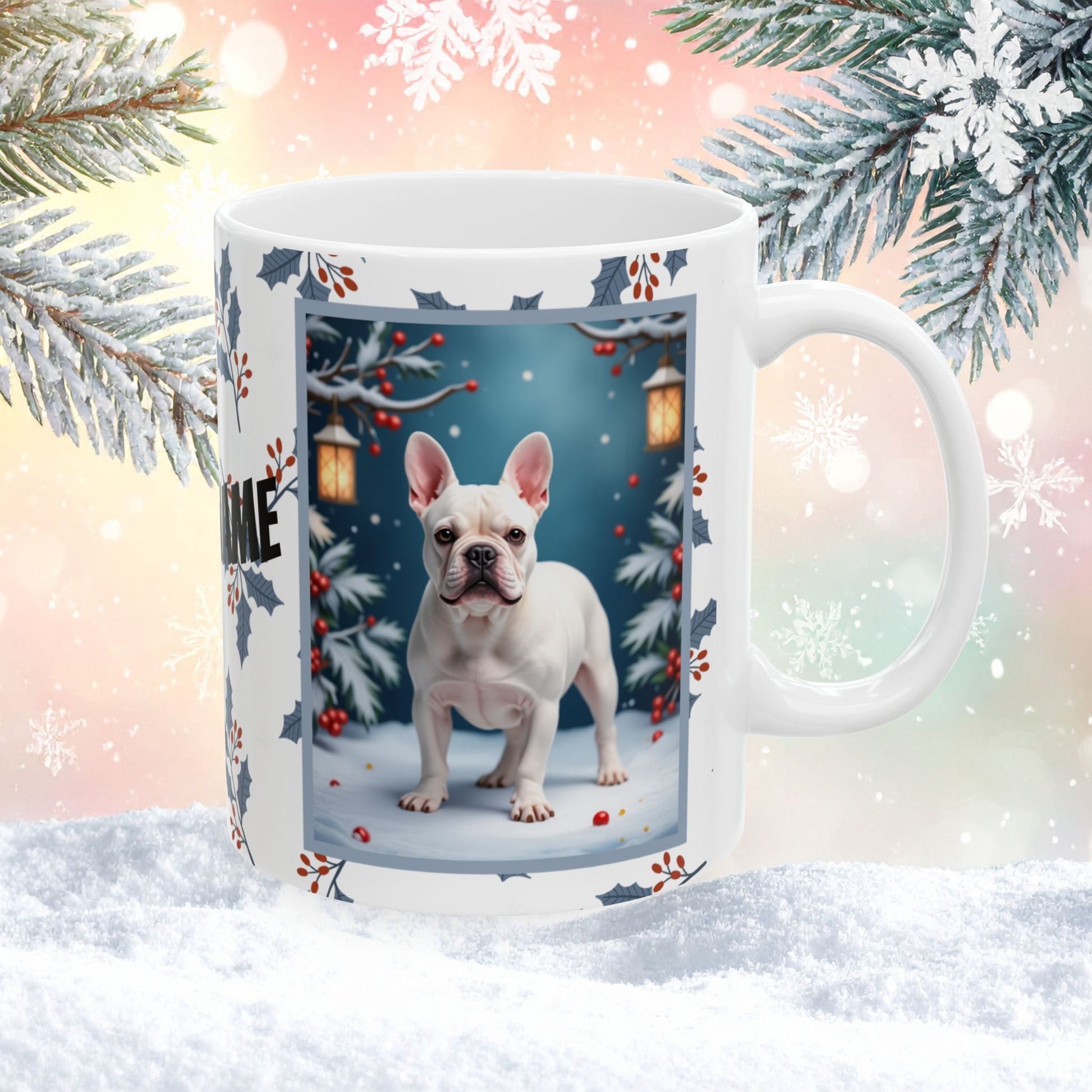 French Bulldog (White) Winter Mug - white French Bulldog illustrated standing in a crisp winter scene with soft snow