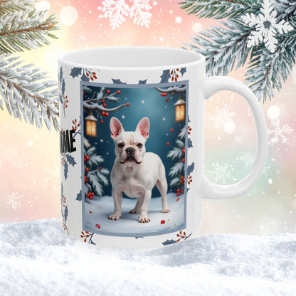 French Bulldog (White) Winter Mug - white French Bulldog illustrated standing in a crisp winter scene with soft snow