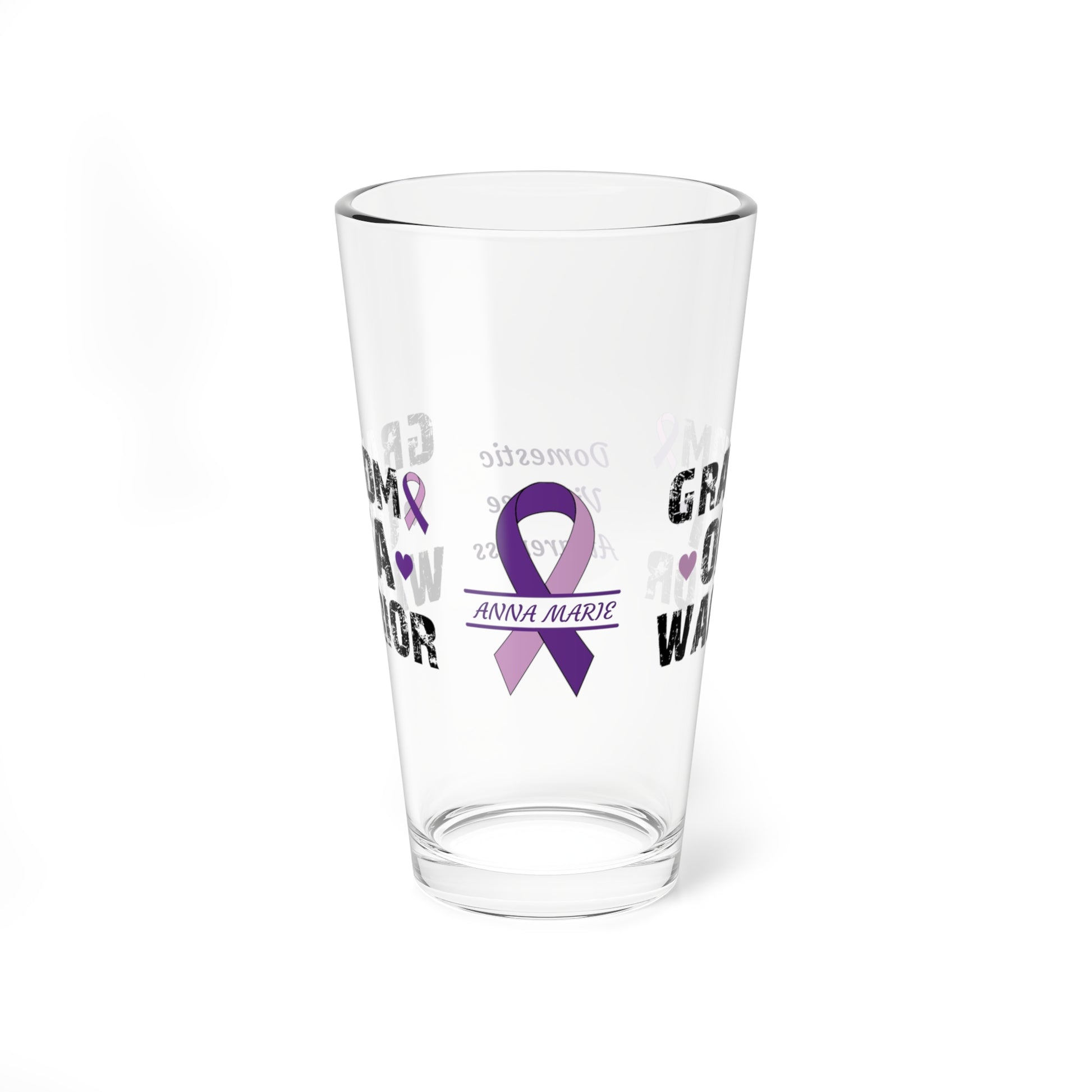 Grandma of a Warrior: Personalized Domestic Violence Awareness Warrior Pint Glass - Proud Family Member