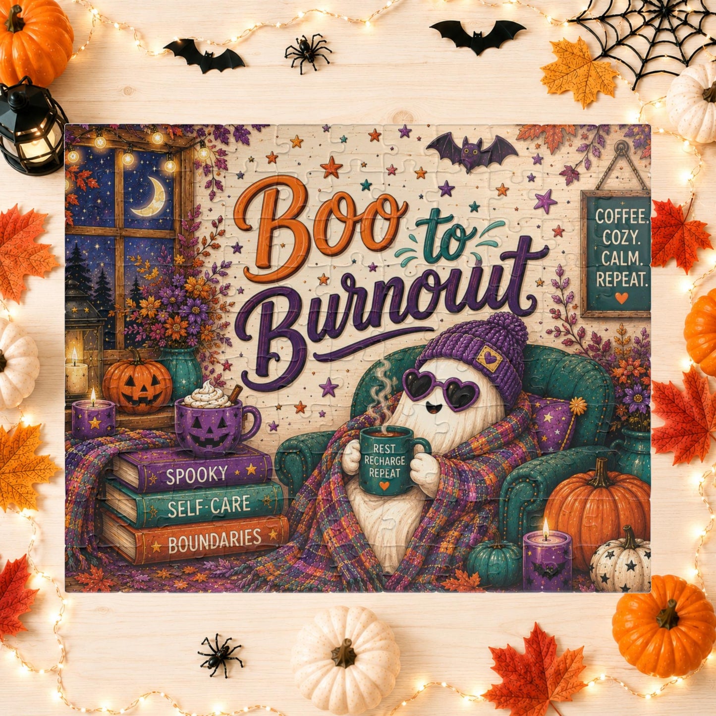 Boo to Burnout Halloween Puzzle - Ghost in Beanie with Rest Recharge Repeat Mug and Self-Care Books