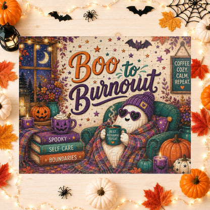 Boo to Burnout Halloween Puzzle - Ghost in Beanie with Rest Recharge Repeat Mug and Self-Care Books