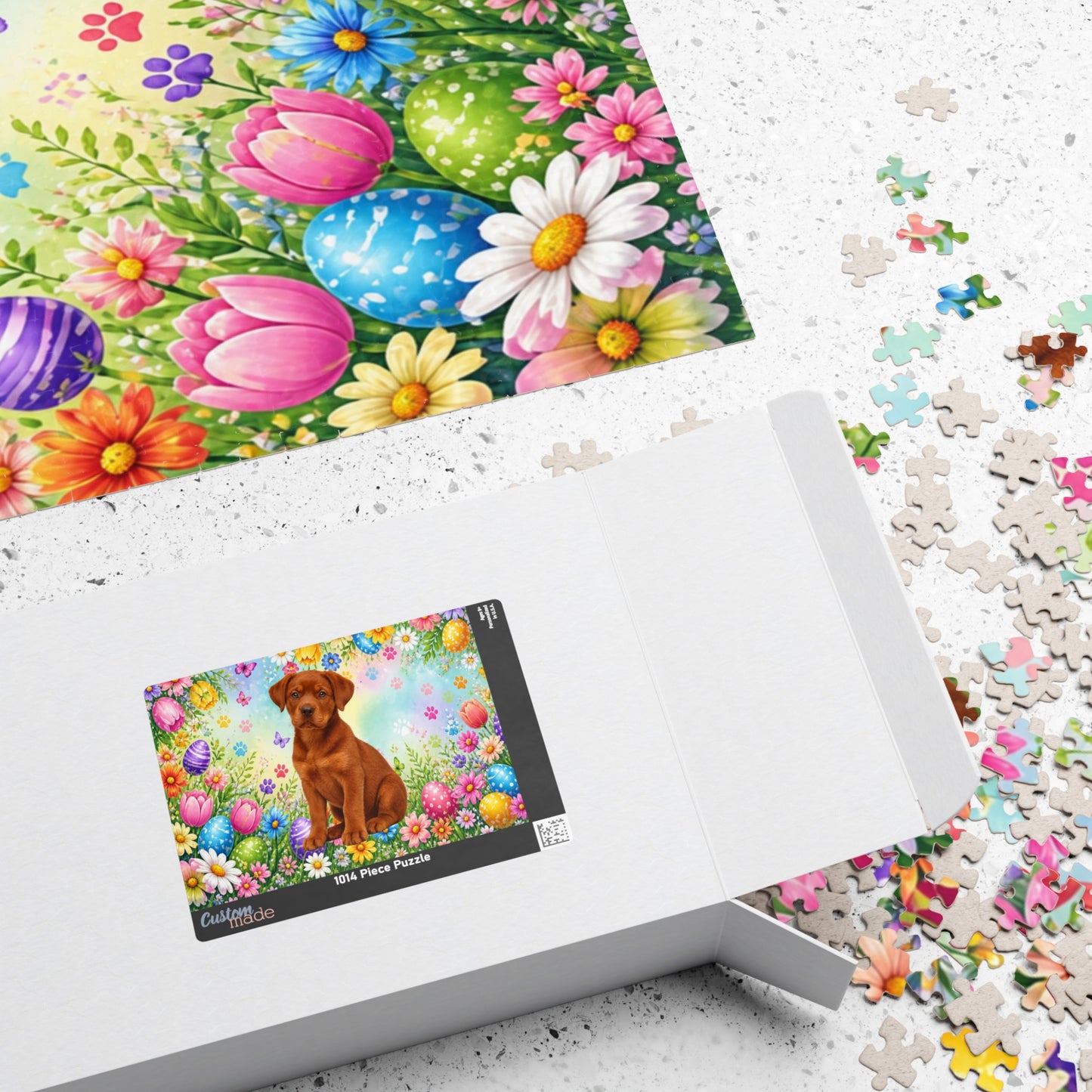 Rottweiler (Red) Easter Puppy Puzzle - Spring Garden with Eggs, Wildflowers, and Butterflies