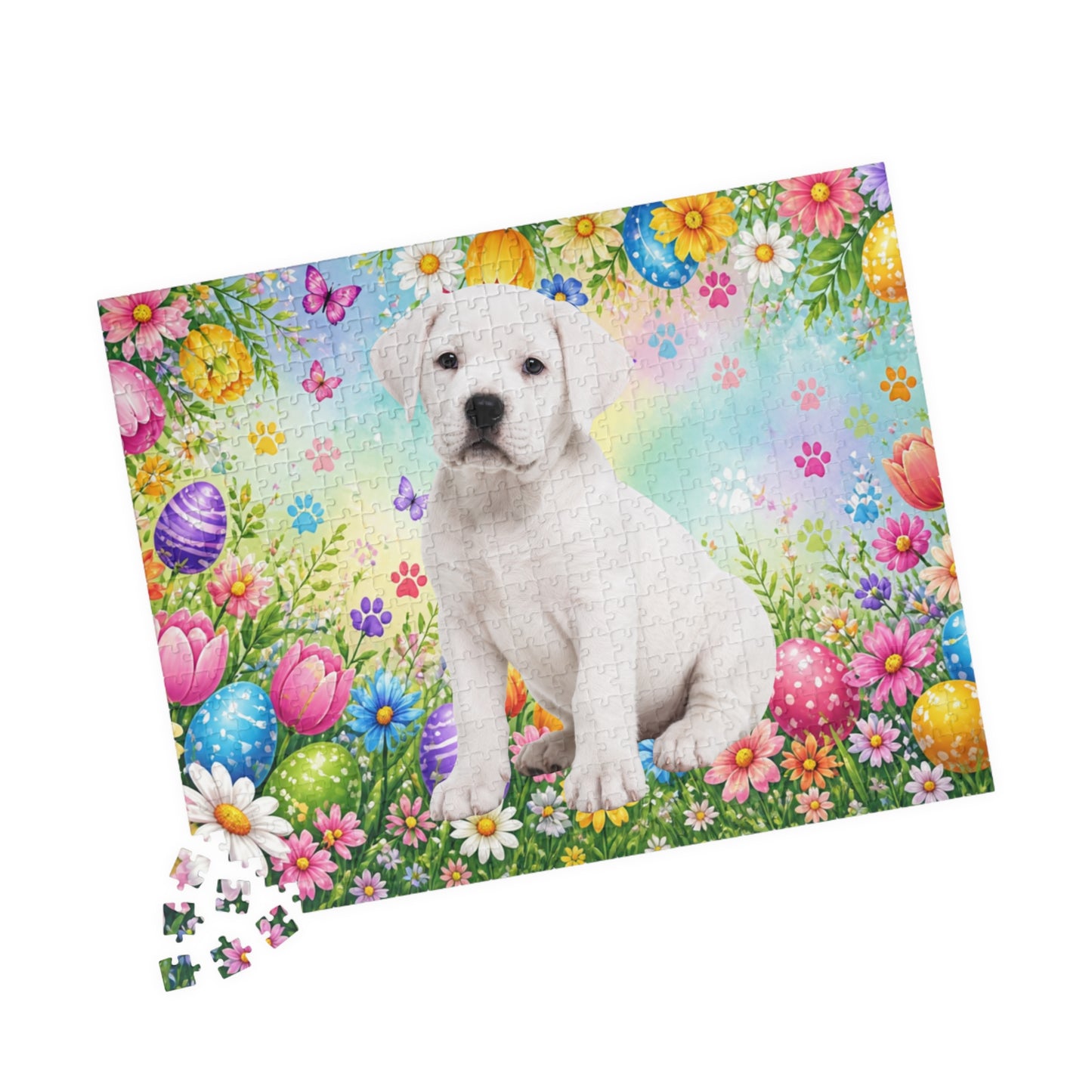 Rottweiler (White) Easter Puppy Puzzle - Spring Garden with Eggs, Tulips, and Butterflies