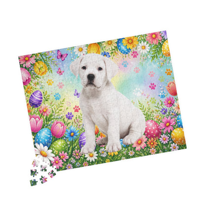 Rottweiler (White) Easter Puppy Puzzle - Spring Garden with Eggs, Tulips, and Butterflies