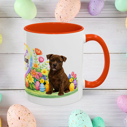 Shop our pitbull brindle puppy easter mug featuring the 11oz style option from MySisterIsASurvivor.