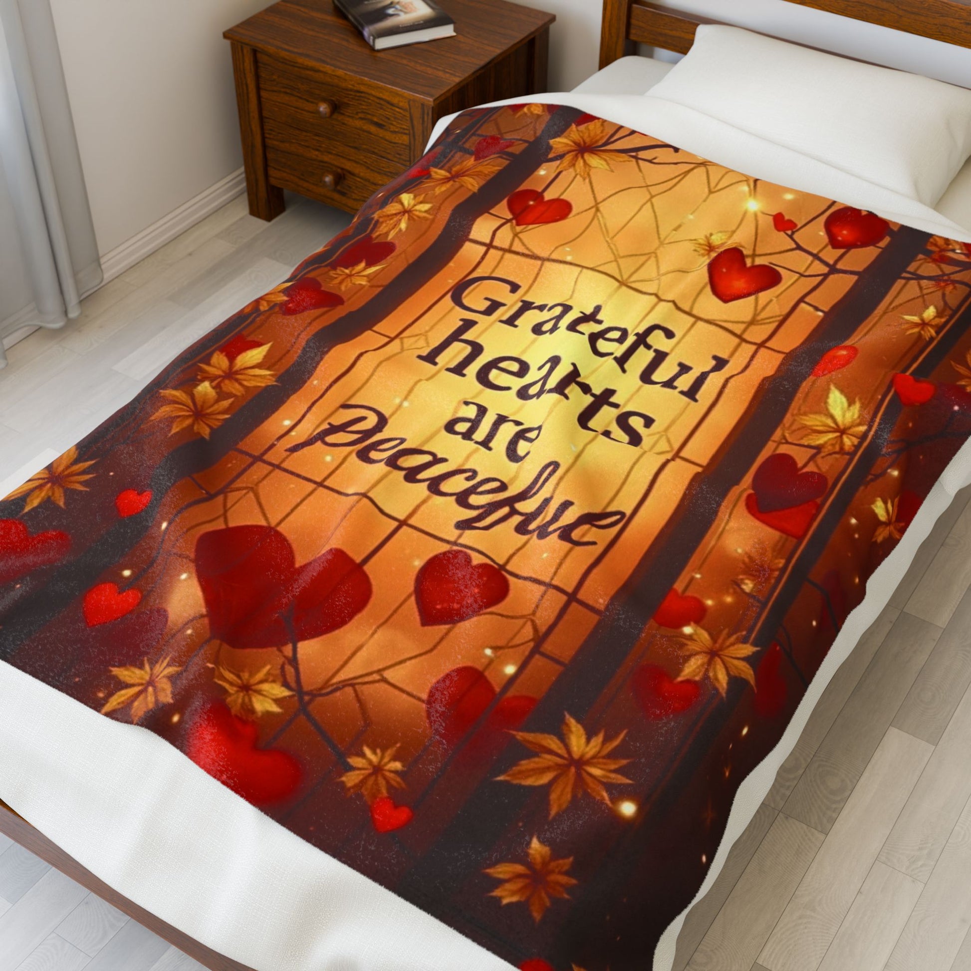 Warm blanket with “Grateful Hearts Are Peaceful,” Thanksgiving gratitude design in soft autumn hues.