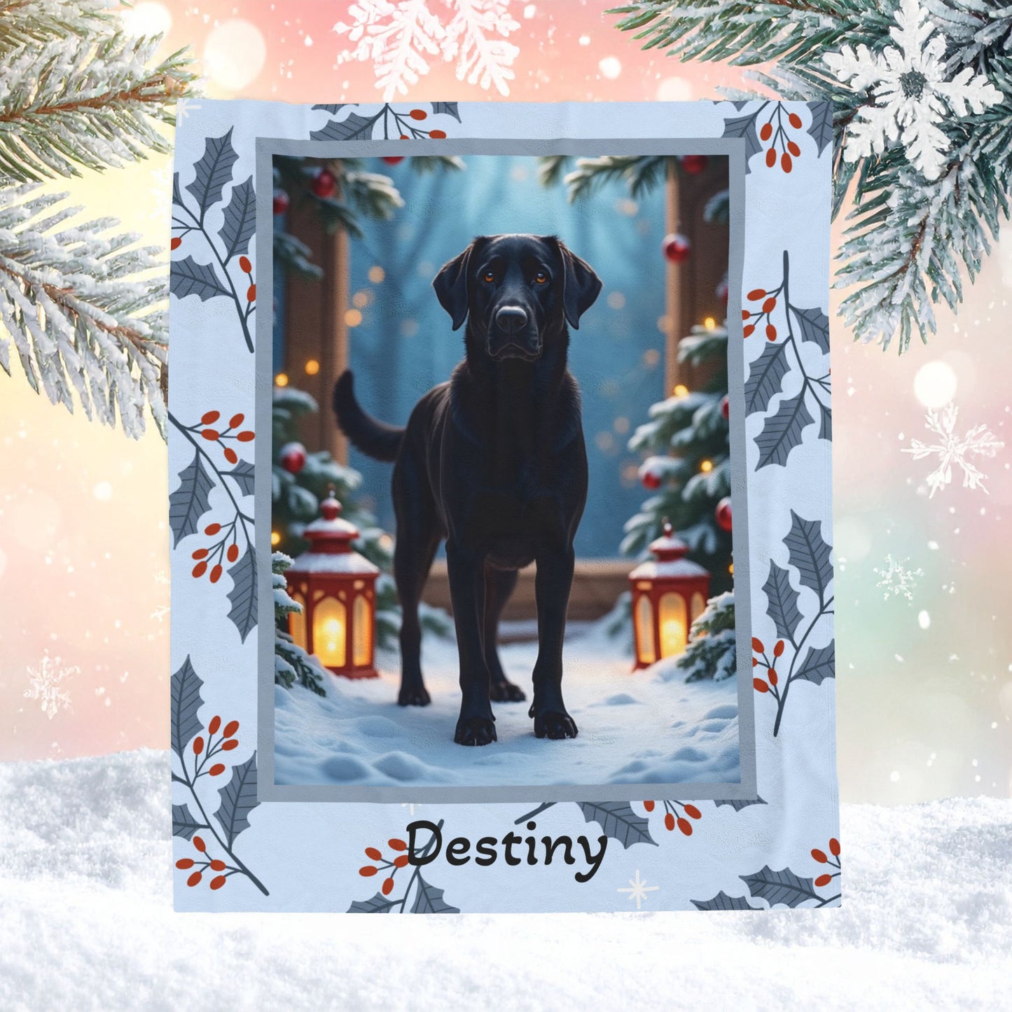 Labrador Retriever Black custom winter blanket featuring a loyal Lab in a bright lodge-style snowy illustration