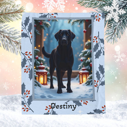 Labrador Retriever Black custom winter blanket featuring a loyal Lab in a bright lodge-style snowy illustration
