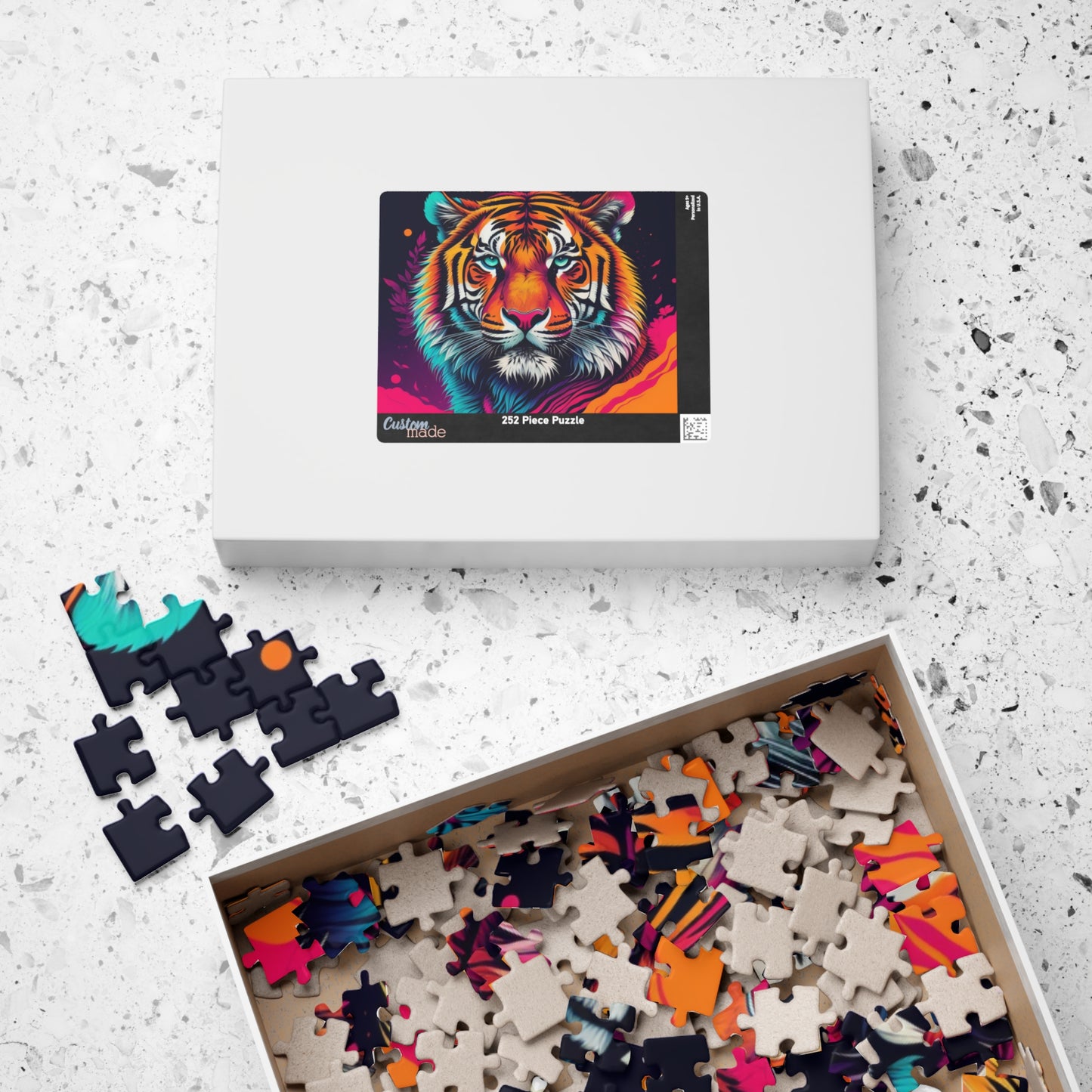 Roar to Renewal - Close-Up Neon Tiger Puzzle with Teal Eyes and Magenta Splatter Art