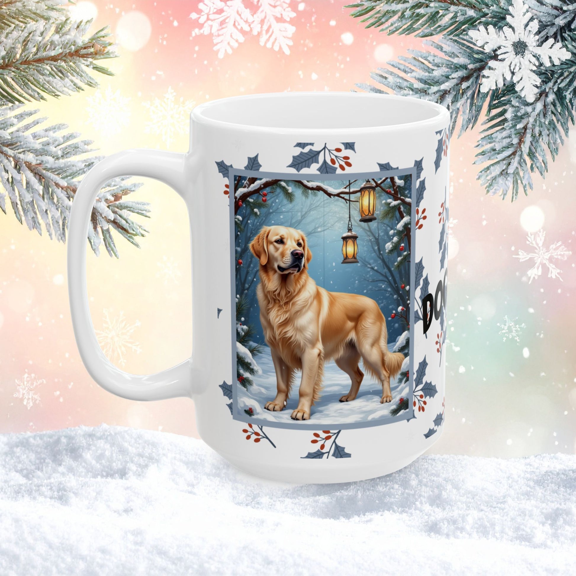 Golden Retriever (Cream) Winter Mug - cream Golden Retriever artwork standing in a cozy winter scene with soft snowfall