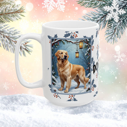 Golden Retriever (Cream) Winter Mug - cream Golden Retriever artwork standing in a cozy winter scene with soft snowfall