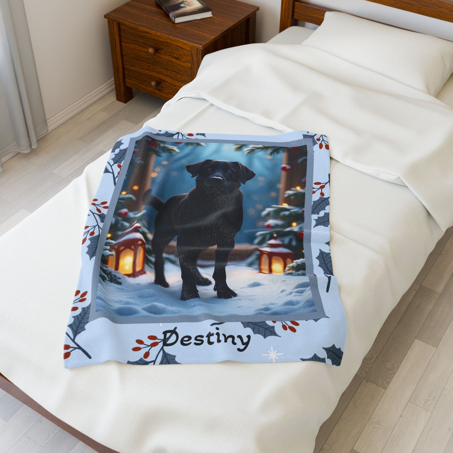 Labrador Retriever Black custom winter blanket featuring a loyal Lab in a bright lodge-style snowy illustration