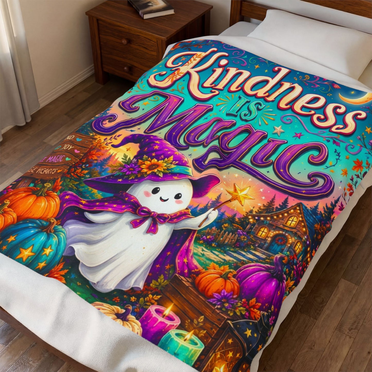 Kindness Is Magic Velveteen Blanket - Ghost with Star Wand and Be Kind Spread Joy Make Magic Sign
