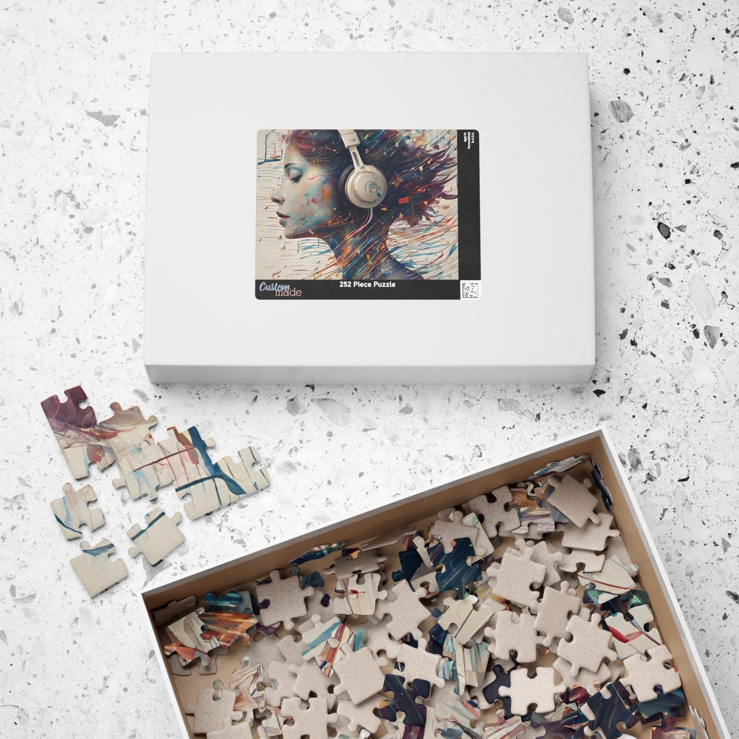Music and Emotional Resonance - Woman with Headphones Puzzle with Colorful Music Notes and Paint Fragments