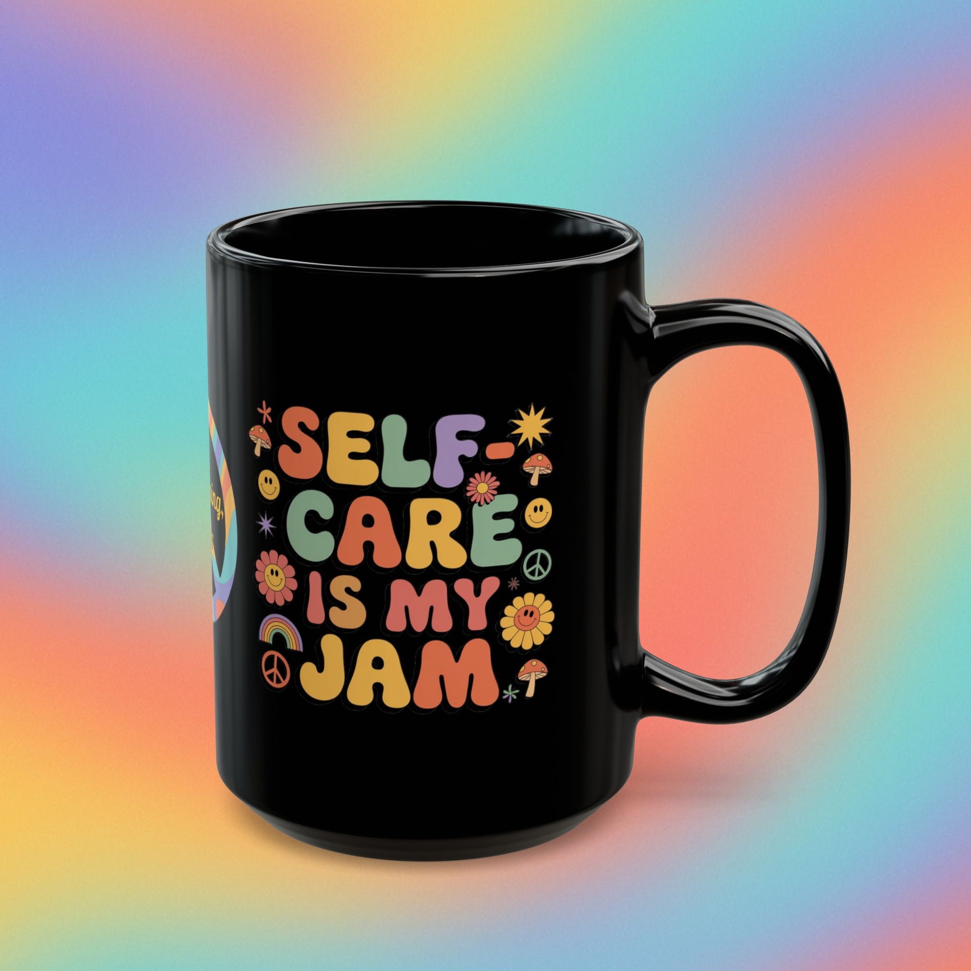Self-Care Is My Jam retro mug, 70s mental health coffee cup with self-love affirmation - MySisterIsASurvivor