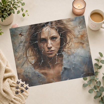Break Free - Woman's Portrait Puzzle with Cracked Texture in Muted Blue and Brown Tones