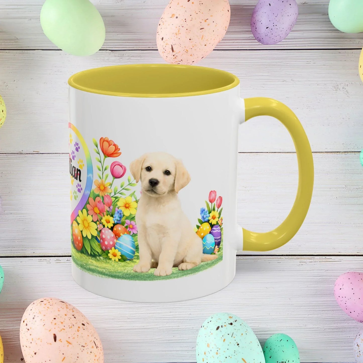 Shop our labrador retriever yellow pale buttemilk puppy easter mug featuring the 15oz style option from MySisterIsASurvivor.