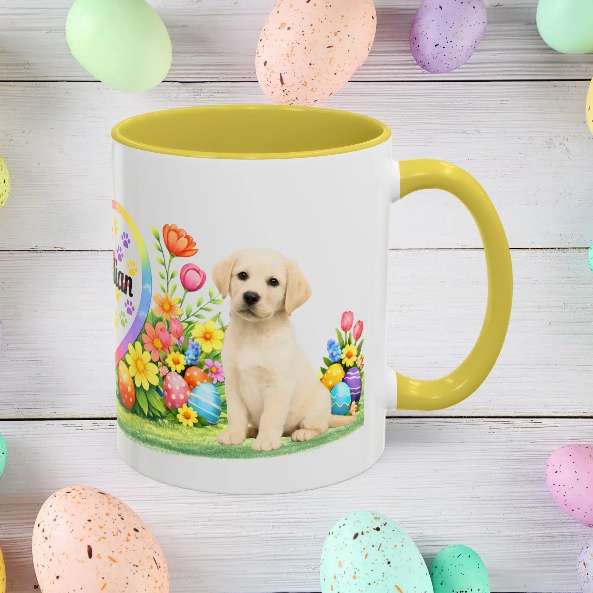 Shop our labrador retriever yellow pale buttemilk puppy easter mug featuring the 15oz style option from MySisterIsASurvivor.