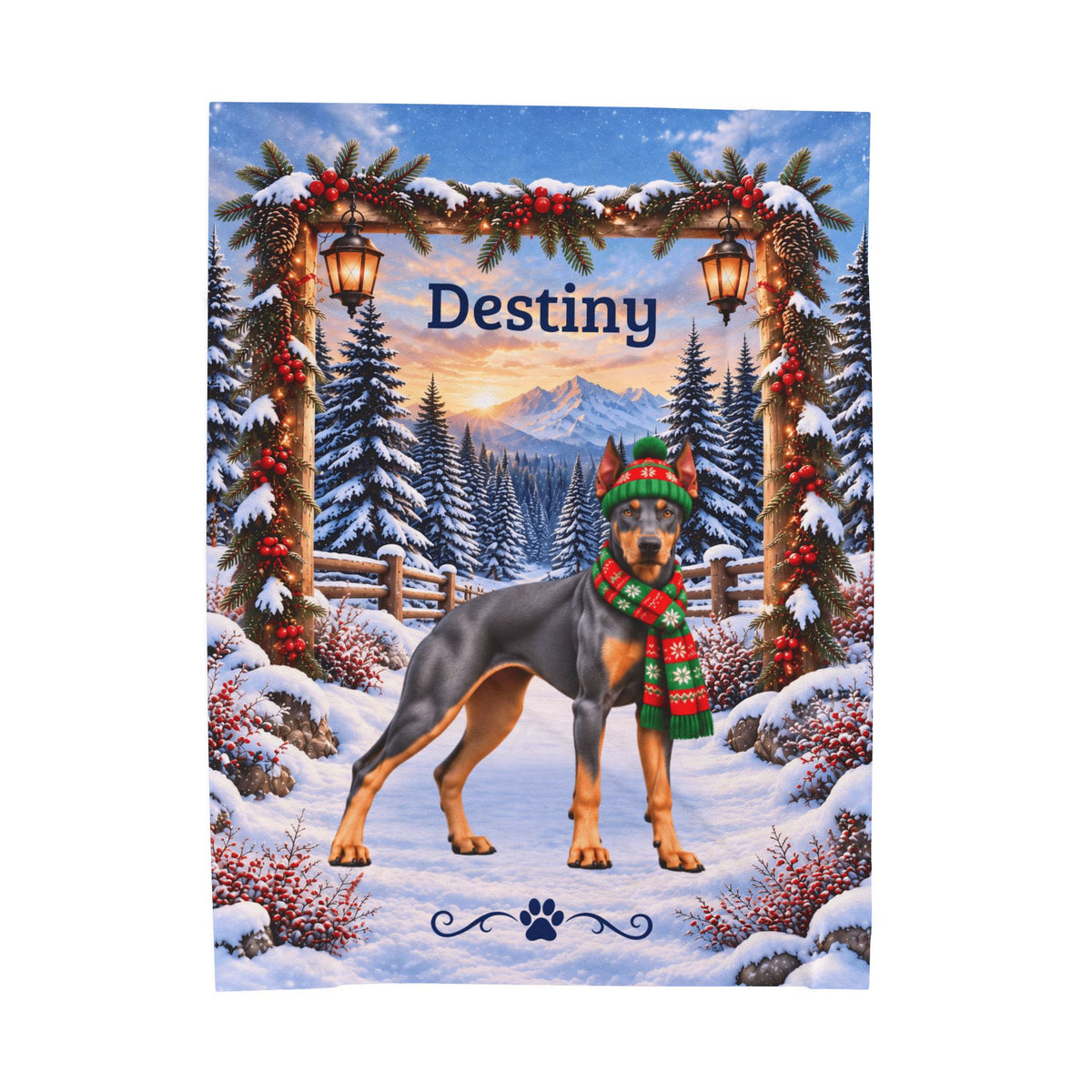 Doberman (Blue & Rust Coat) - Personalized Winter Blanket, Snowy Mountain Velveteen Throw