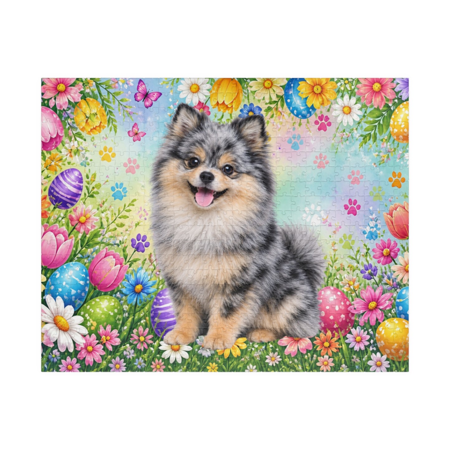 Pomeranian (Blue Merle) Easter Puppy Puzzle - Spring Garden with Eggs, Tulips, and Daisies