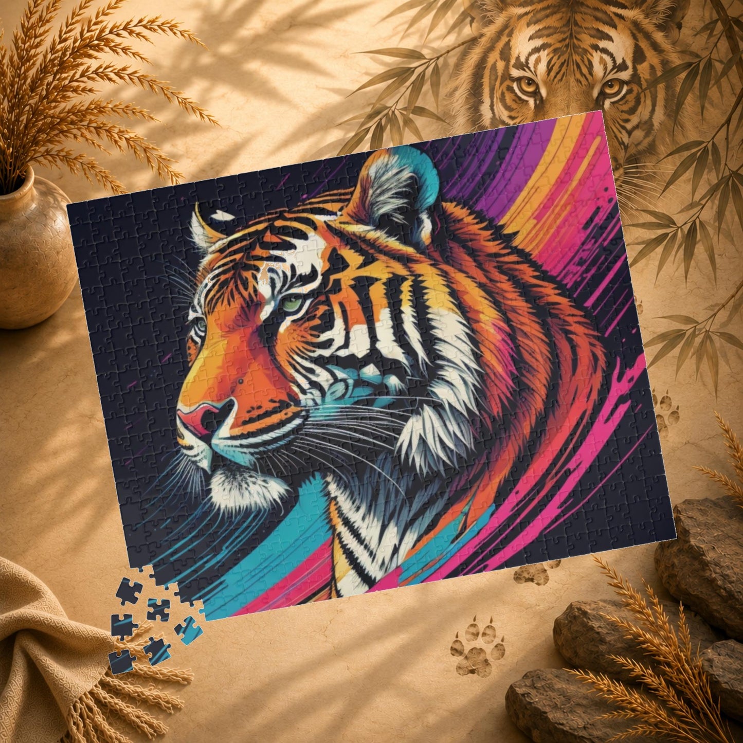 Stripes of Strength - Tiger Puzzle with Bold Rainbow Brushstrokes on Dark Background