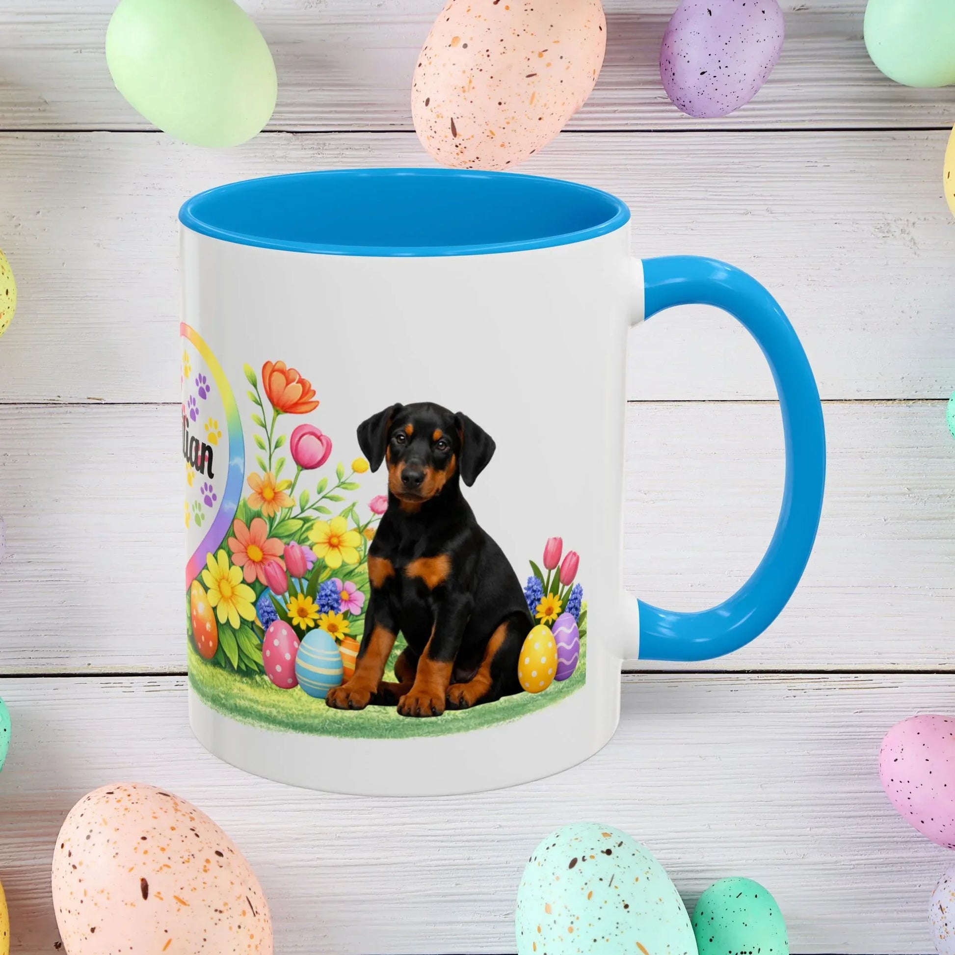 Shop our doberman black rust puppy easter mug featuring the 11oz style option from MySisterIsASurvivor.