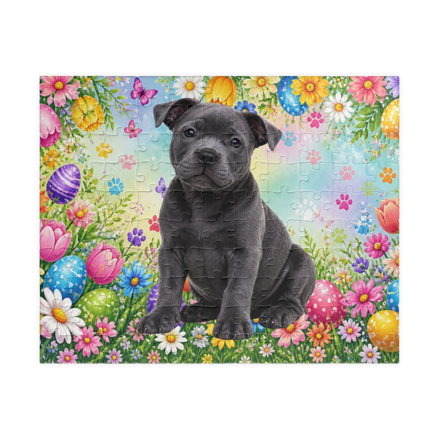 Pitbull (Blue) Easter Puppy Puzzle - Spring Garden with Eggs, Tulips, and Daisies