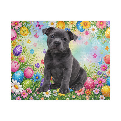 Pitbull (Blue) Easter Puppy Puzzle - Spring Garden with Eggs, Tulips, and Daisies
