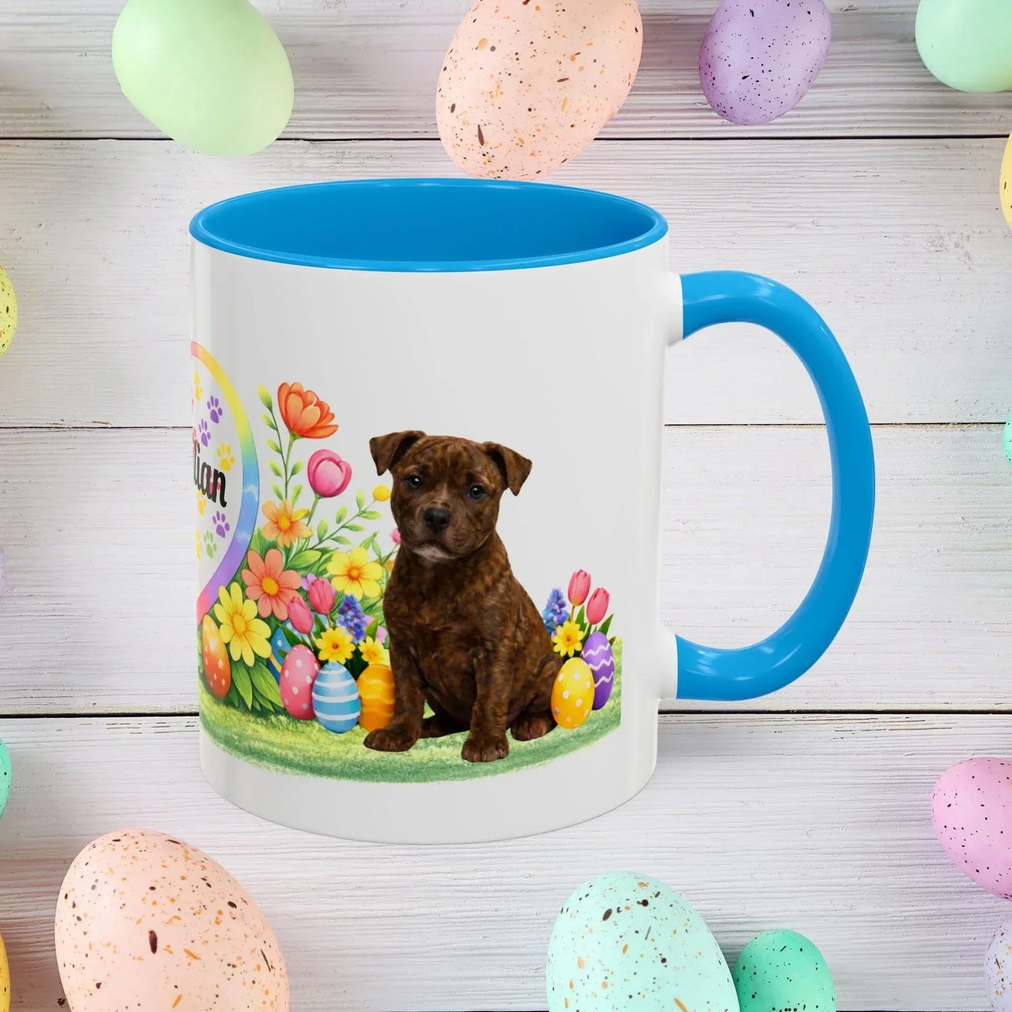 Shop our pitbull brindle puppy easter mug featuring the 11oz style option from MySisterIsASurvivor.