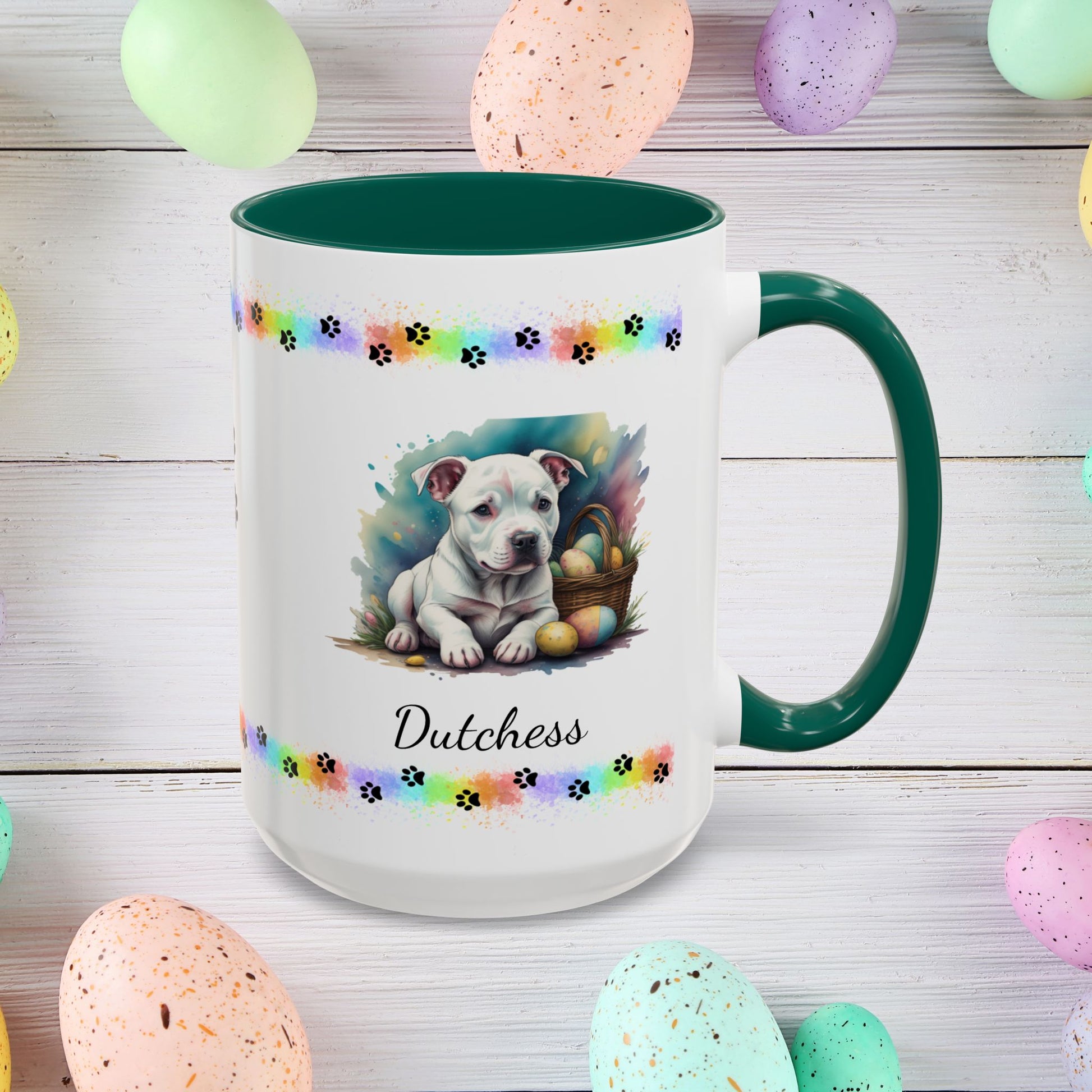 Pitbull (White): Personalized Easter Puppy Coffee Mug - Adorable Dog Design, Mental Health Gift, 11oz & 15oz, 12 Color Choices, Easter Gifts & Décor