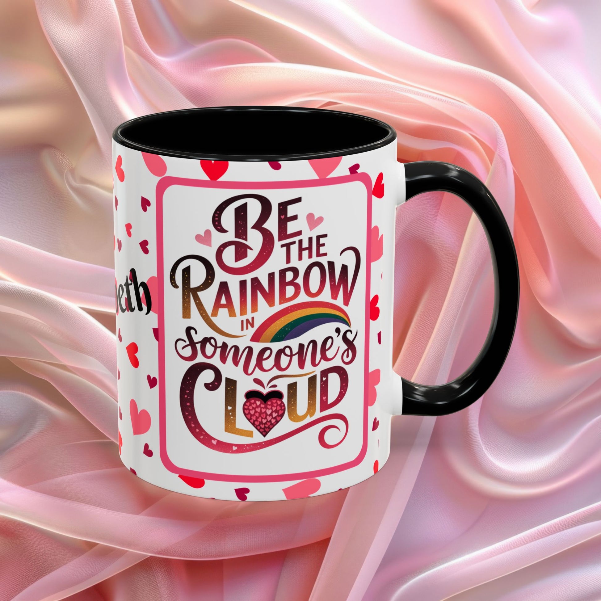 Be The Rainbow Valentines affirmation mug with uplifting message, colorful Valentine themed ceramic coffee cup