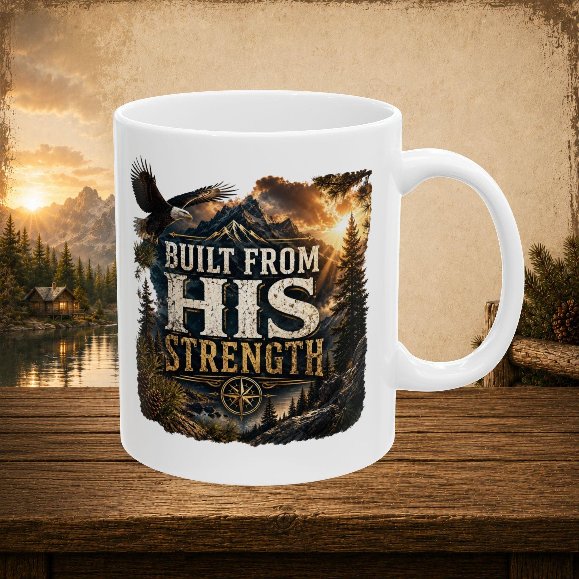 Shop our premium built from his strength mug from MySisterIsASurvivor.