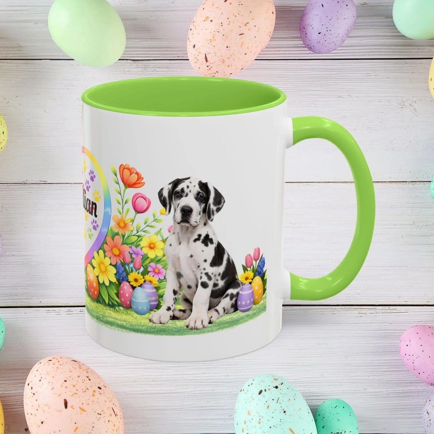 Shop our great dane harlequin puppy easter mug featuring the 11oz style option from MySisterIsASurvivor.