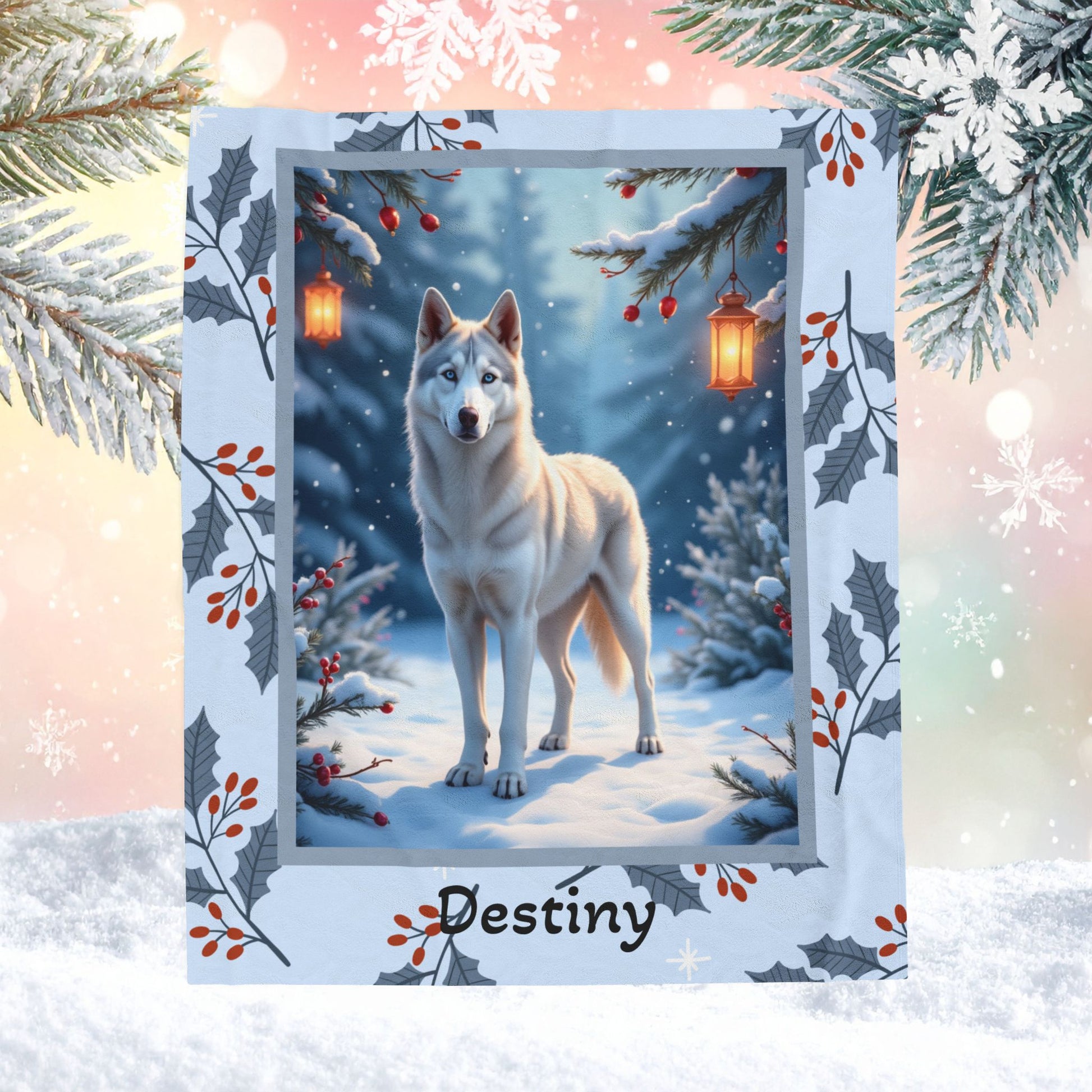 Husky Silver personalized winter throw with silver Husky artwork and glowing snowy lodge décor
