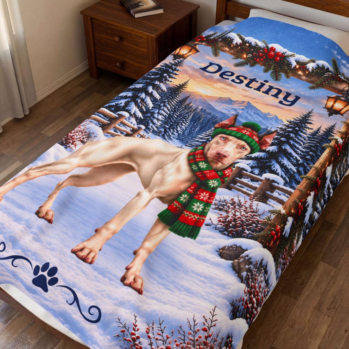Doberman (White / Albino Coat) - Personalized Winter Blanket, Snowy Pine Velveteen Throw