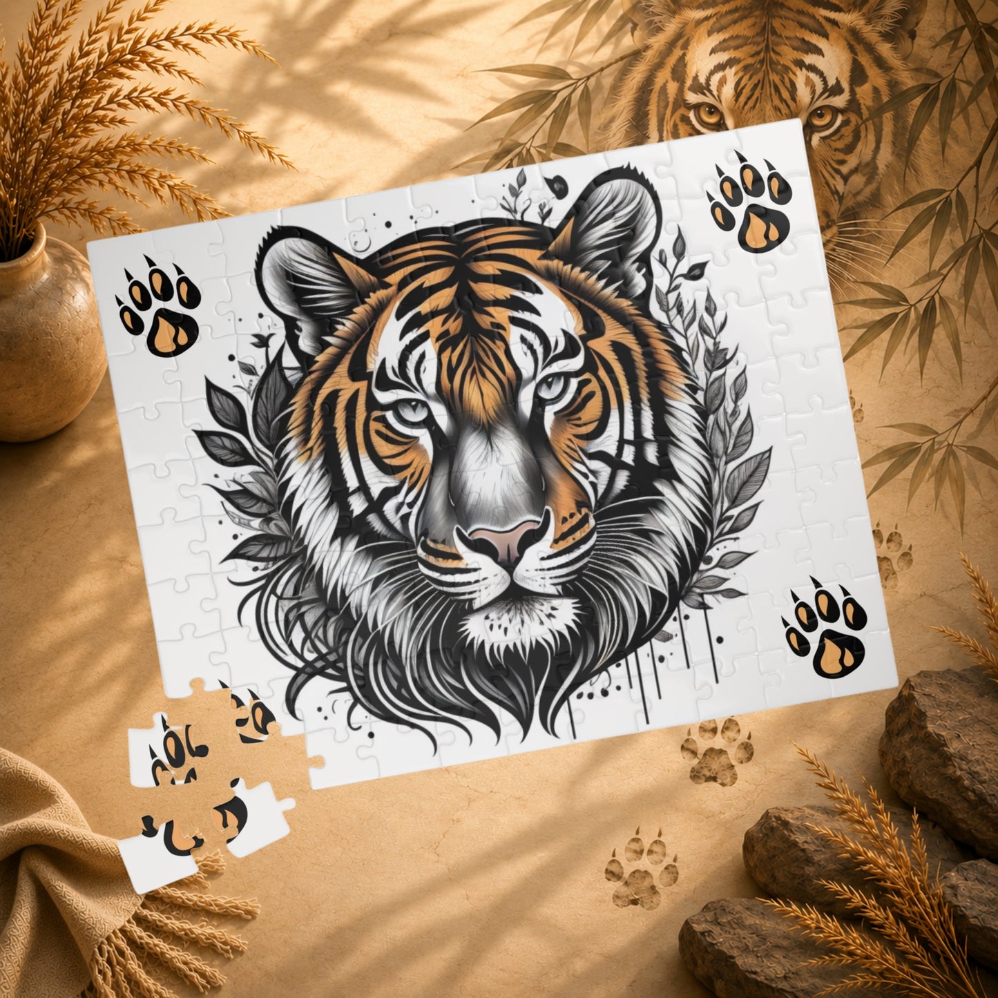 Jigsaw puzzle with a tiger design on a white background
