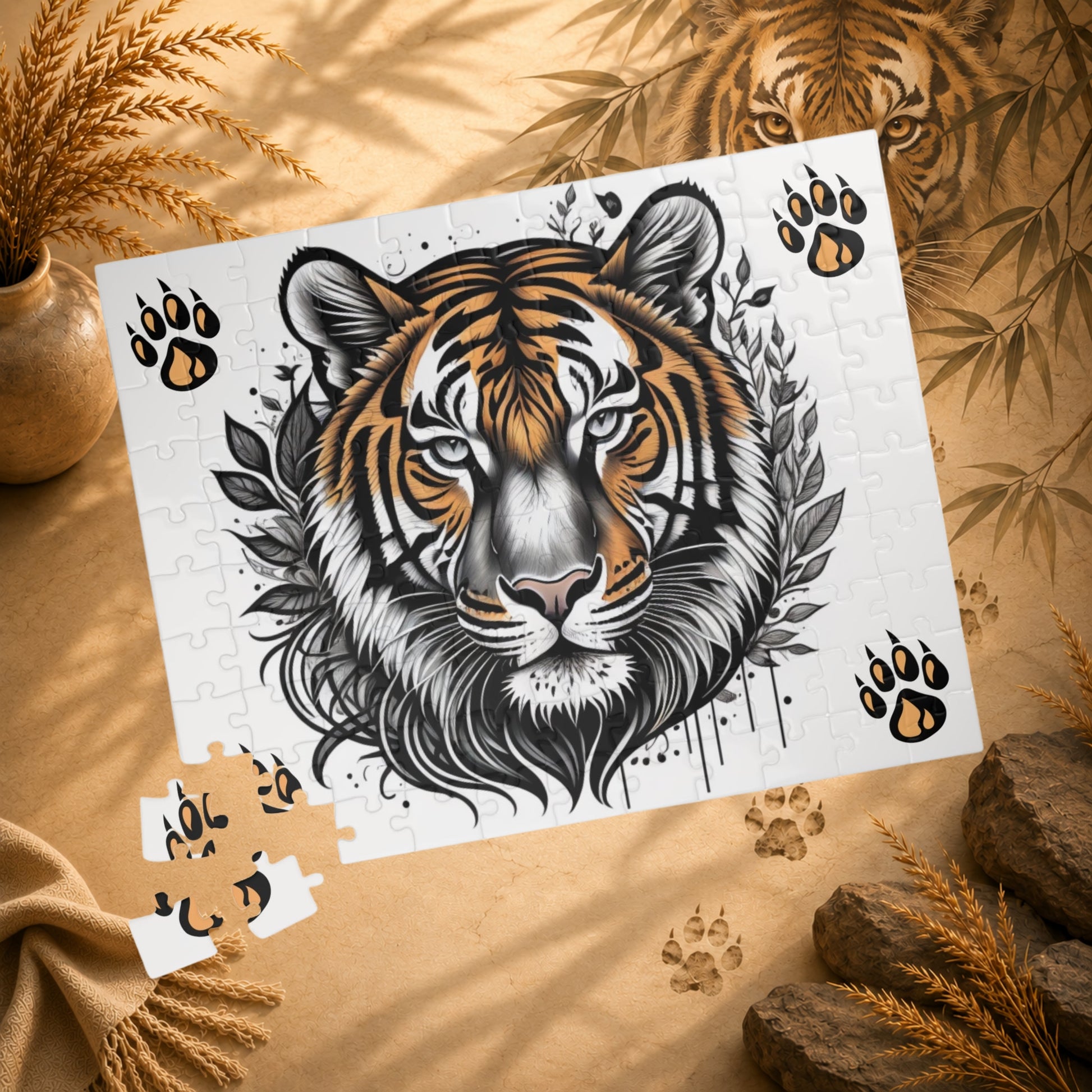 Jigsaw puzzle with a tiger design on a white background