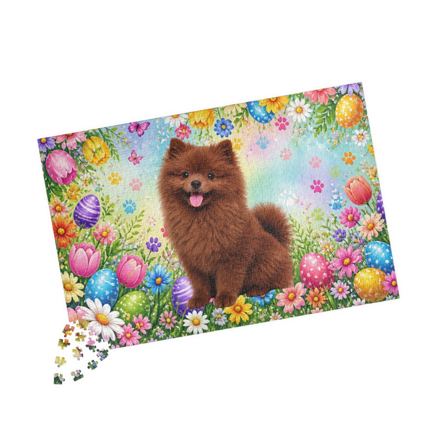 Pomeranian (Chocolate) Easter Puppy Puzzle - Spring Garden with Eggs, Tulips, and Daisies