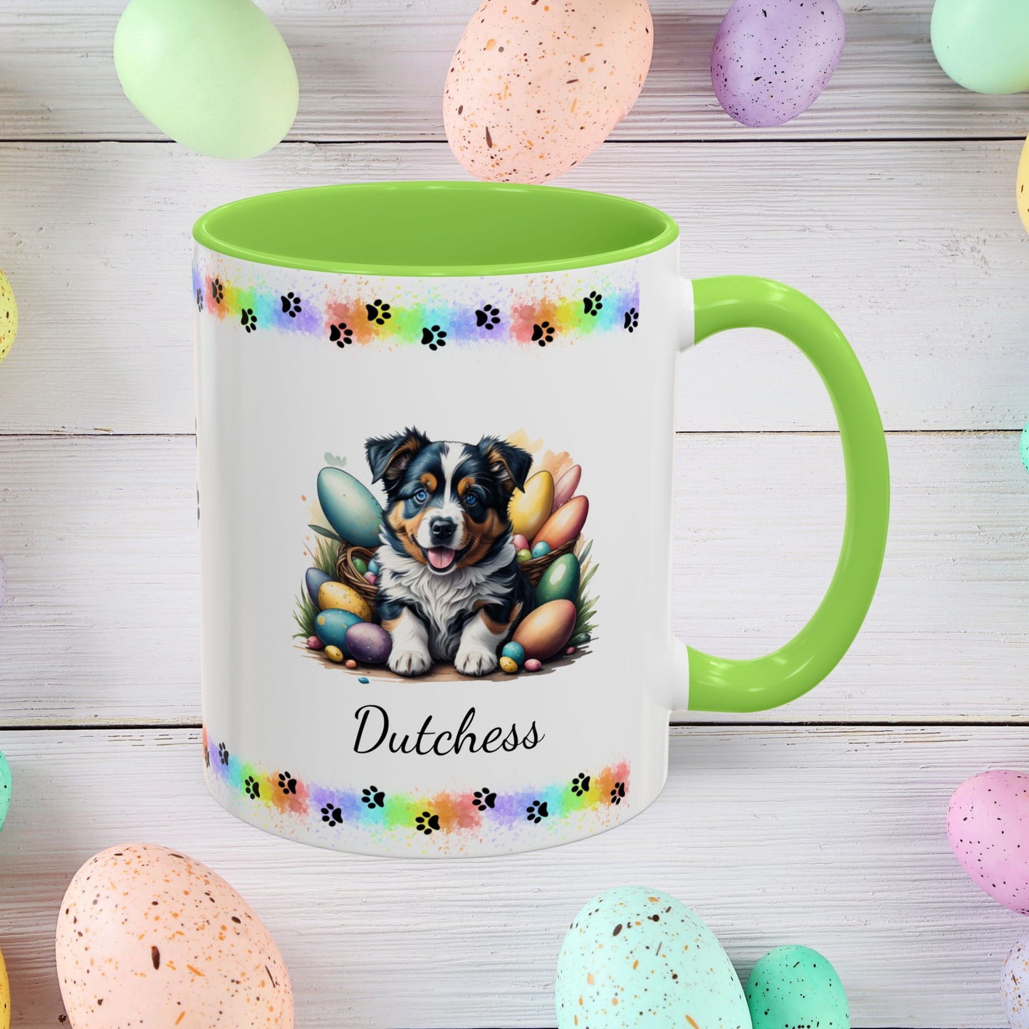 Australian Shepherd: Personalized Easter Puppy Coffee Mug - Adorable Dog Design, Mental Health Gift, 11oz & 15oz, 12 Color Choices, Easter Gifts & Décor