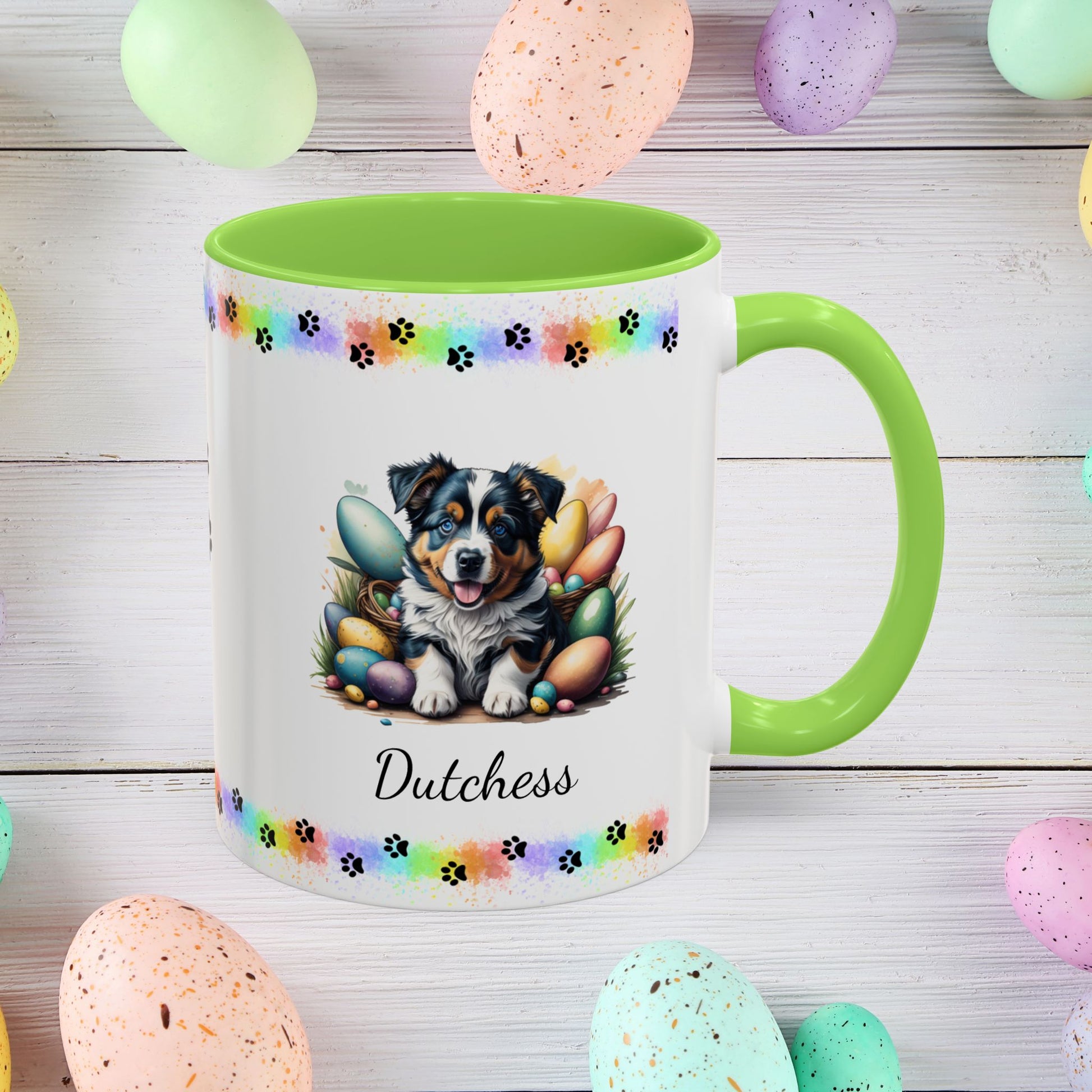 Australian Shepherd: Personalized Easter Puppy Coffee Mug - Adorable Dog Design, Mental Health Gift, 11oz & 15oz, 12 Color Choices, Easter Gifts & Décor