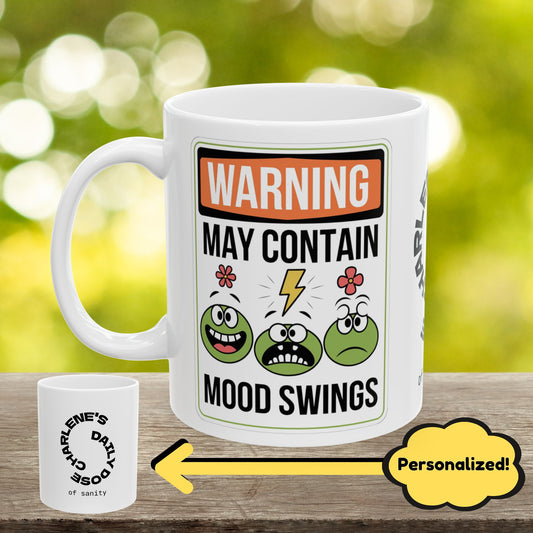 "Warning May Contain Mood Swings" indoor/outdoor pillow, custom anxiety relief cushion for mental health support and self-care.