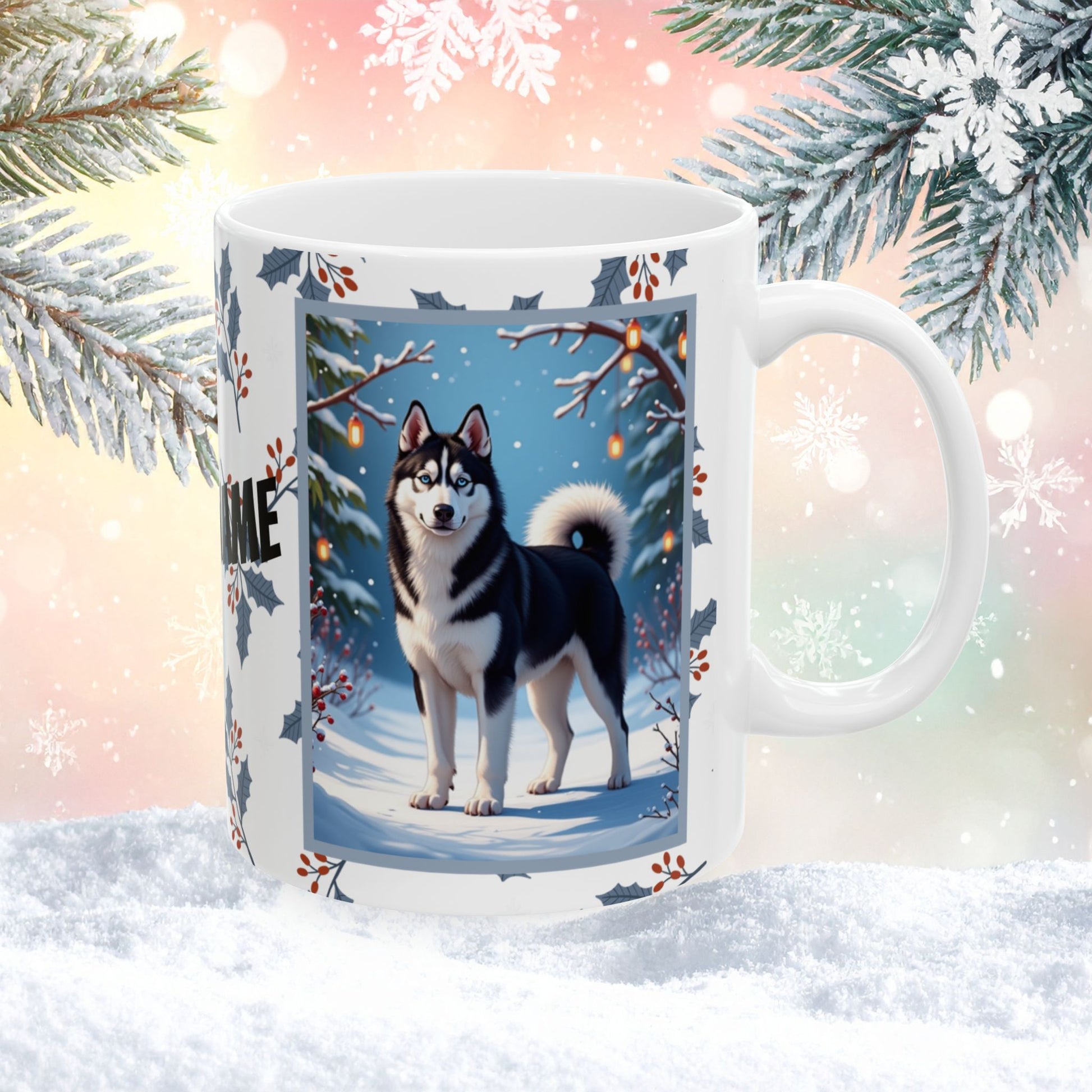 Husky (Black & White) Winter Mug - black and white husky artwork standing in a crisp winter setting with snowfall