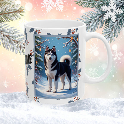 Husky (Black & White) Winter Mug - black and white husky artwork standing in a crisp winter setting with snowfall