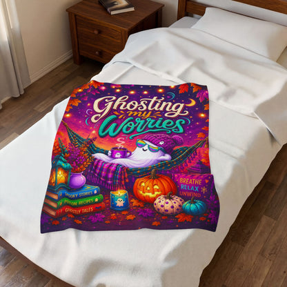 Ghosting My Worries Velveteen Blanket - Cozy Ghost in Hammock with Spooky Stories and Breathe Relax Unwind
