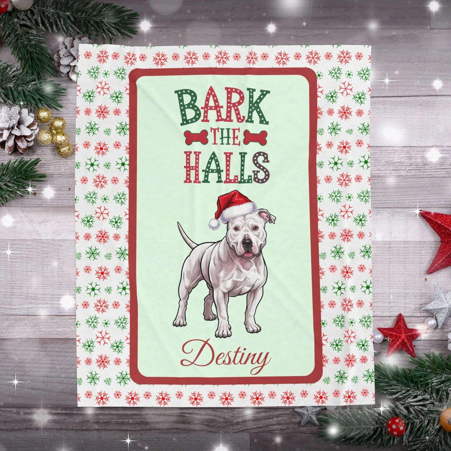 Shop our pitbull white personalized velveteen plush blanket bark the halls featuring the 30" × 40" style option from MySisterIsASurvivor.