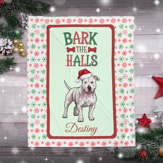 Pitbull (White) personalized velveteen blanket cozy Bark The Halls holiday dog throw gift for dog lovers