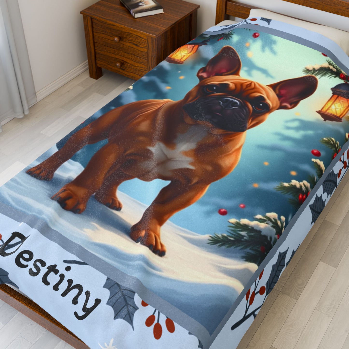 French Bulldog Red Fawn personalized winter throw with adorable Frenchie art and festive snowy lodge background