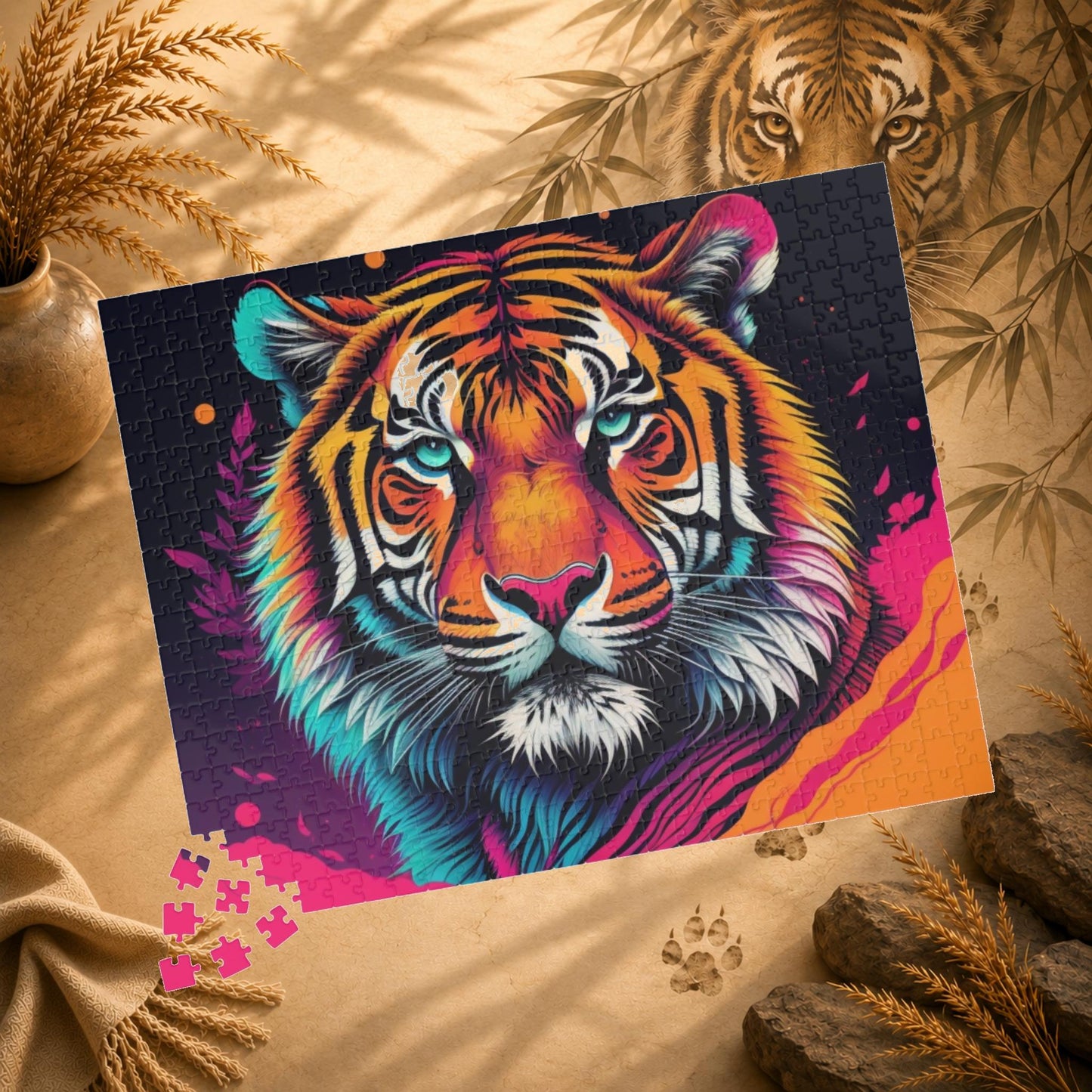 Roar to Renewal - Close-Up Neon Tiger Puzzle with Teal Eyes and Magenta Splatter Art